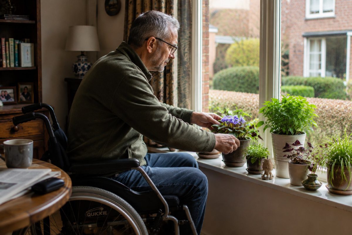 Man in rolstoel geeft zijn planten water bij het raam