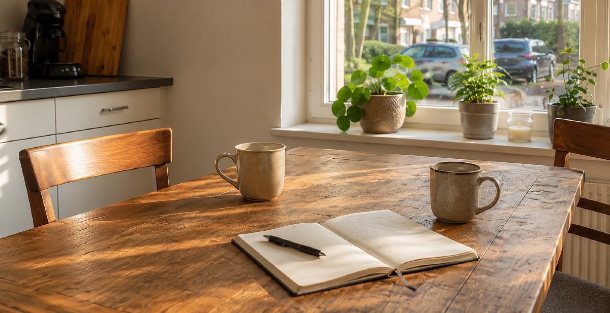 Keukentafel bij het raam met koffiekopjes en een open notitieboek in warm ochtendlicht