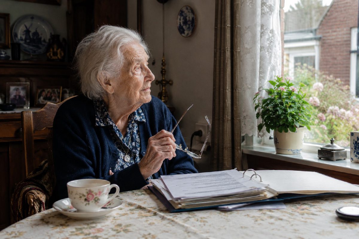 Oudere vrouw aan haar keukentafel met thee en administratie