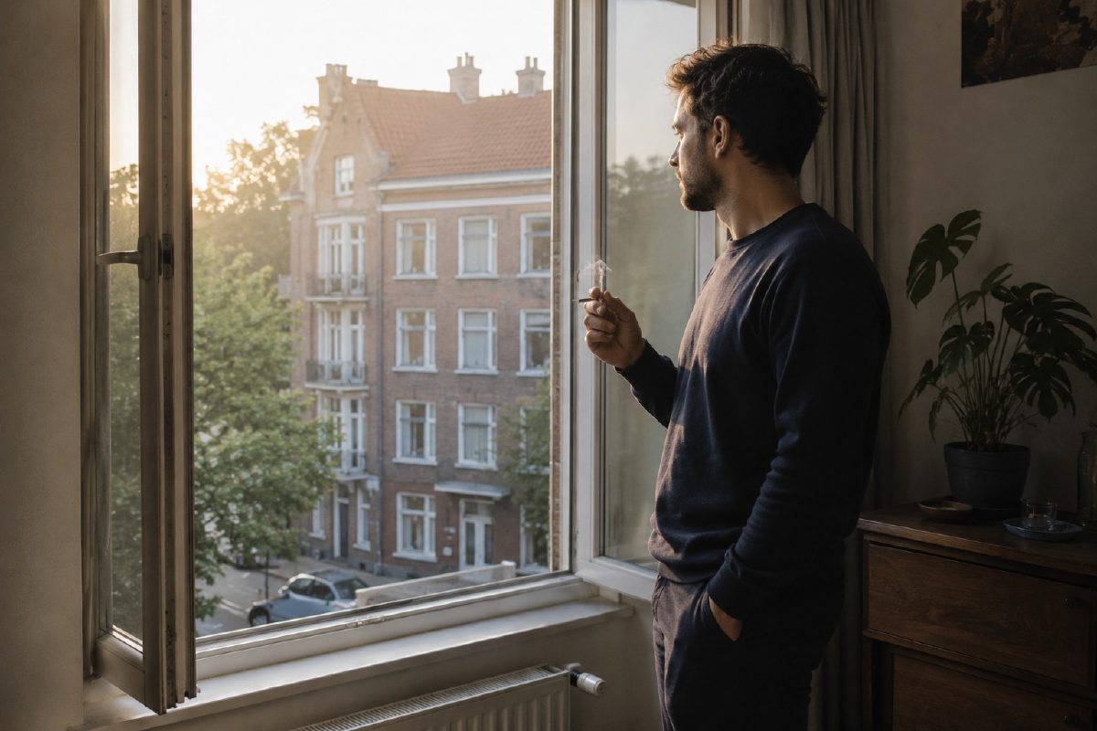 Man kijkt peinzend uit het raam